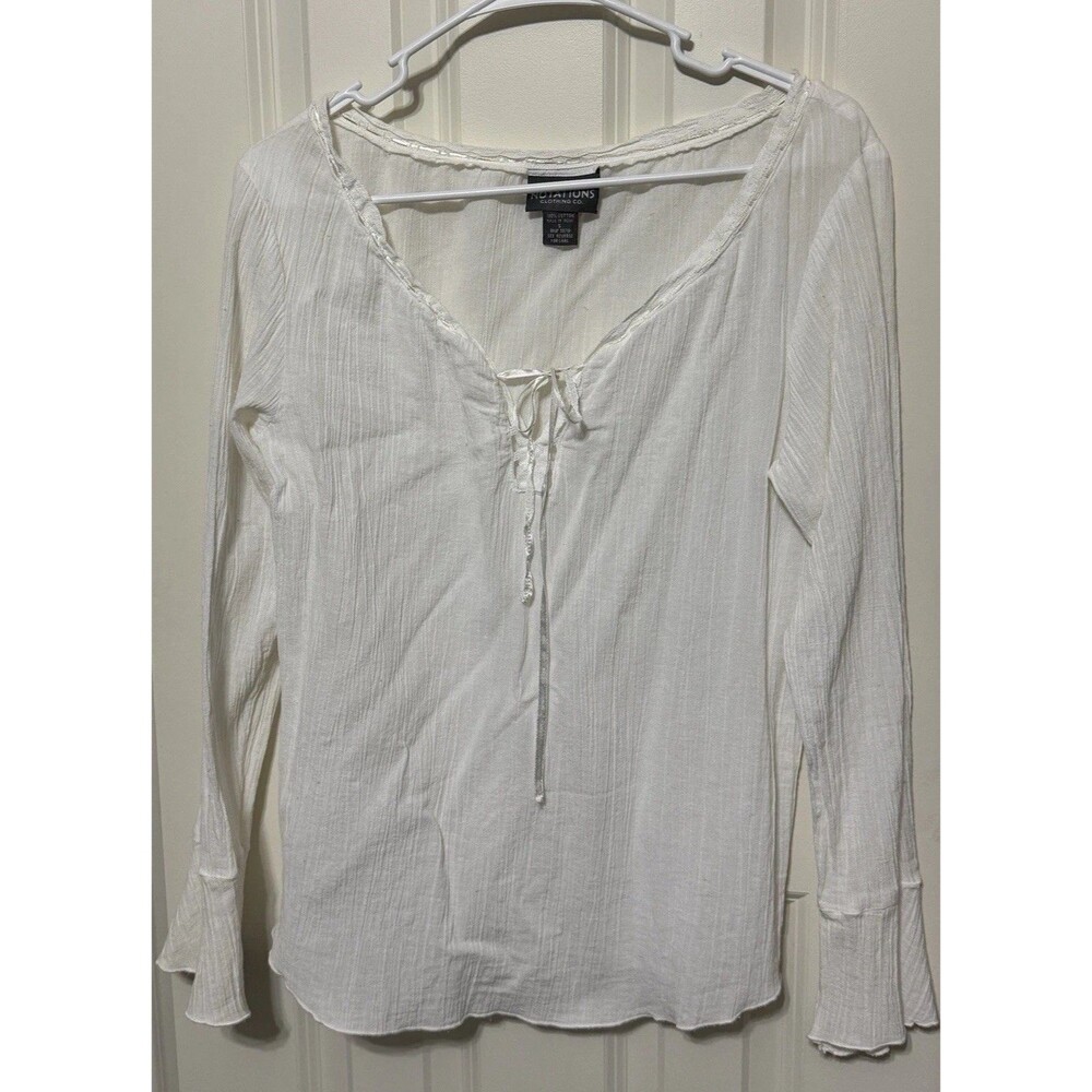 Vintage Y2K Notations Co S White Cotton Gauze Peasant Blouse Tie Front Bell Slv